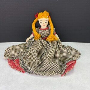 Vintage Hand Made Bed Sitting Pillow Doll Yarn Pigtails